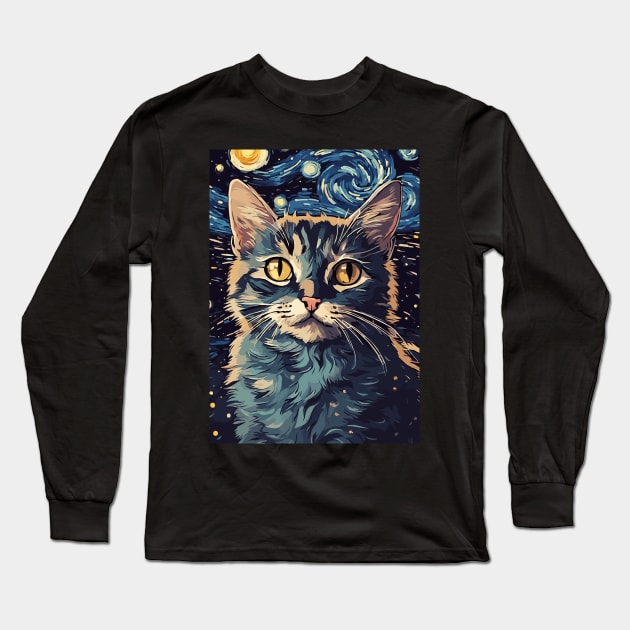 Cute Black Cat Painting in a Van Gogh Starry Night Art Style Long Sleeve T-Shirt by Art-Jiyuu